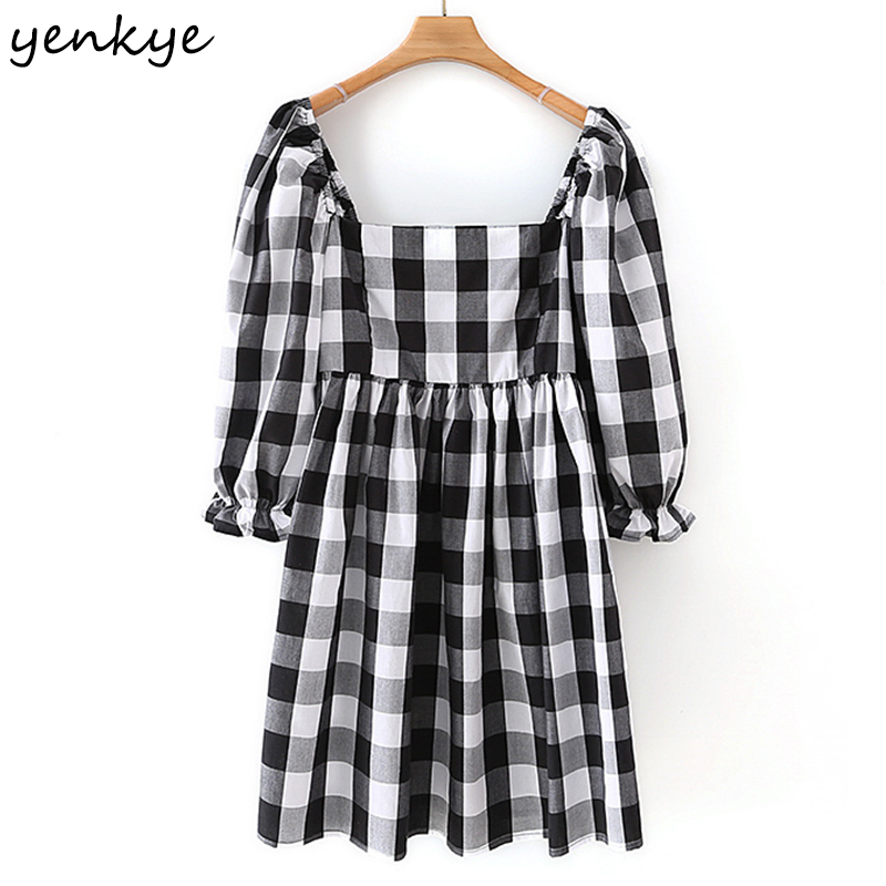 Vintage Plaid Dress Elegant Women Sexy Square Neck Puff Sleeve A-line Cotton Casual Summer Short Vestido 210430