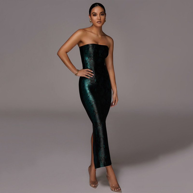 Sexy Strapless Snake Printed Maxi Dress Women Sleeveless Wrap Hip Slit Bodycon Summer Backless Club Party es 210522