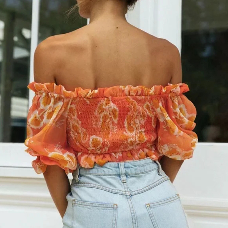 Off Shoulder Chiffon Blouse Tops Orange Women Half Sleeve Elastic Tube Crop Summer Beach Blusa Mujer 210427