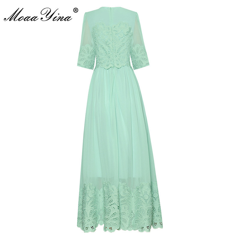 Fashion Runway Summer Chiffon A-Line Dress Women Lace Patchwork Half sleeve Hollow out Solid Party Midi Vestidos 210524