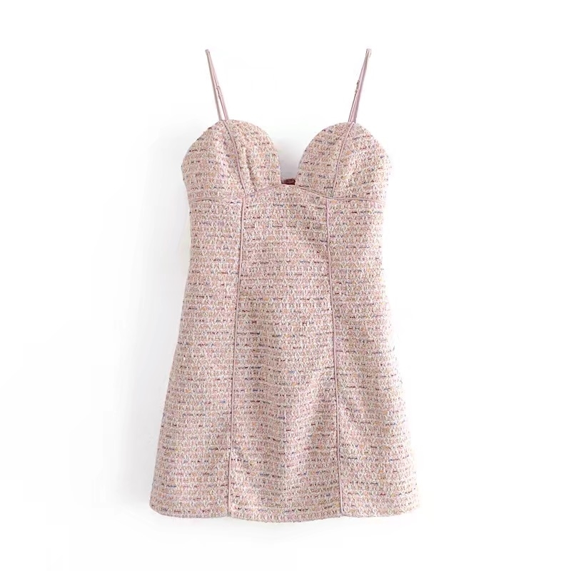 Sexy One Button Pink Weave Tweed Short Women Blazer Cropped Bra collar Spaghetti Strap Mini Dress Suits 2 Pieces Set Vintage 210429