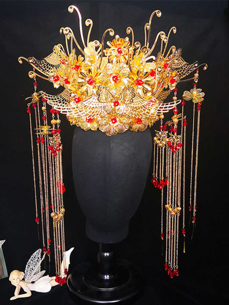 HIMSTORY Classical Chinese Wedding Phoenix Queen Coronet Crown Brides Gold Hair Jewelry Accessories Tassel Wedding Hairwear H0827