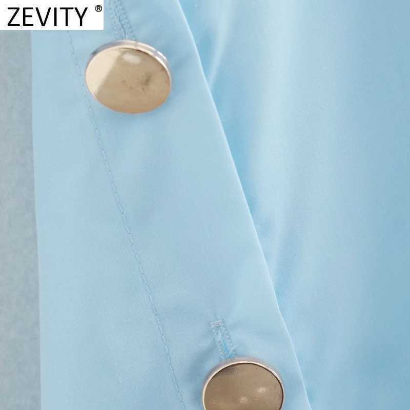 Zevity Women Fashion Solid Color Casual Loose Long Shirt Ladies Golden Buttons Smock Blouses Chic Oversized Chemise Tops LS7365 210603