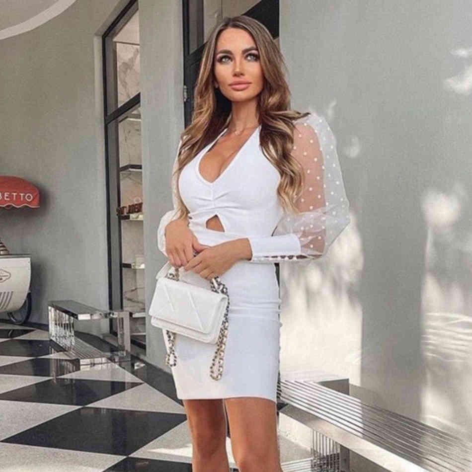 Winter White Lace Long Sleeve Women Bodycon Bandage Dress Sexy Hollow Out V Neck Midi Evening Runway Party 210423