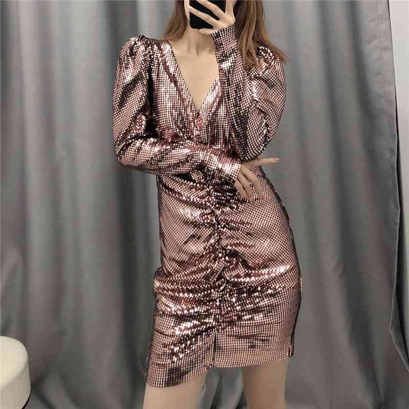 Sweet Women Party Slim Mini Dress Fashion Ladies V-Neck Sequined Dresses Sexy Female Chic Draped Puff Sleeve Vestidos 210430