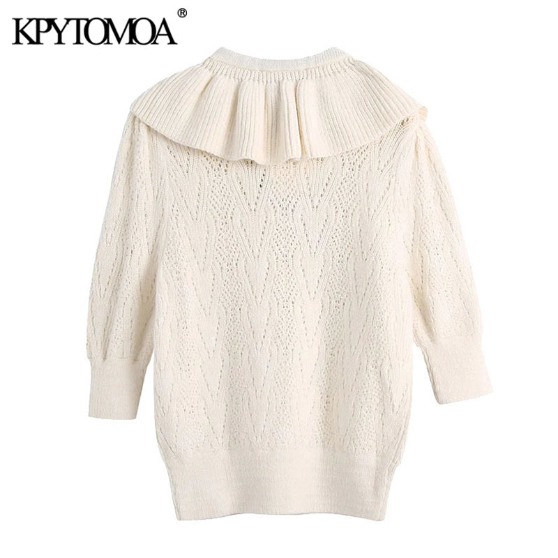Women Fashion With Faux Pearls Knitted Sweater Bow Tie O Neck Puff Sleeve Female Pullovers Chic Tops 210420