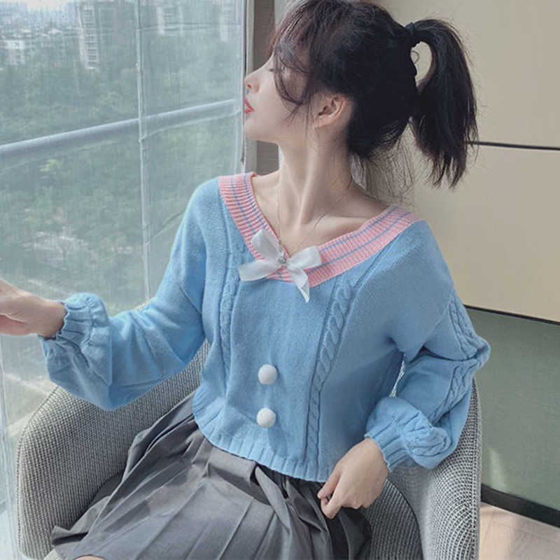 Lucyever Sweet Bowknot Knit Sweaters Women Autumn Casual Lantern Sleeve V Neck Pullovers Female Wild Knitted Short Sweater 210918