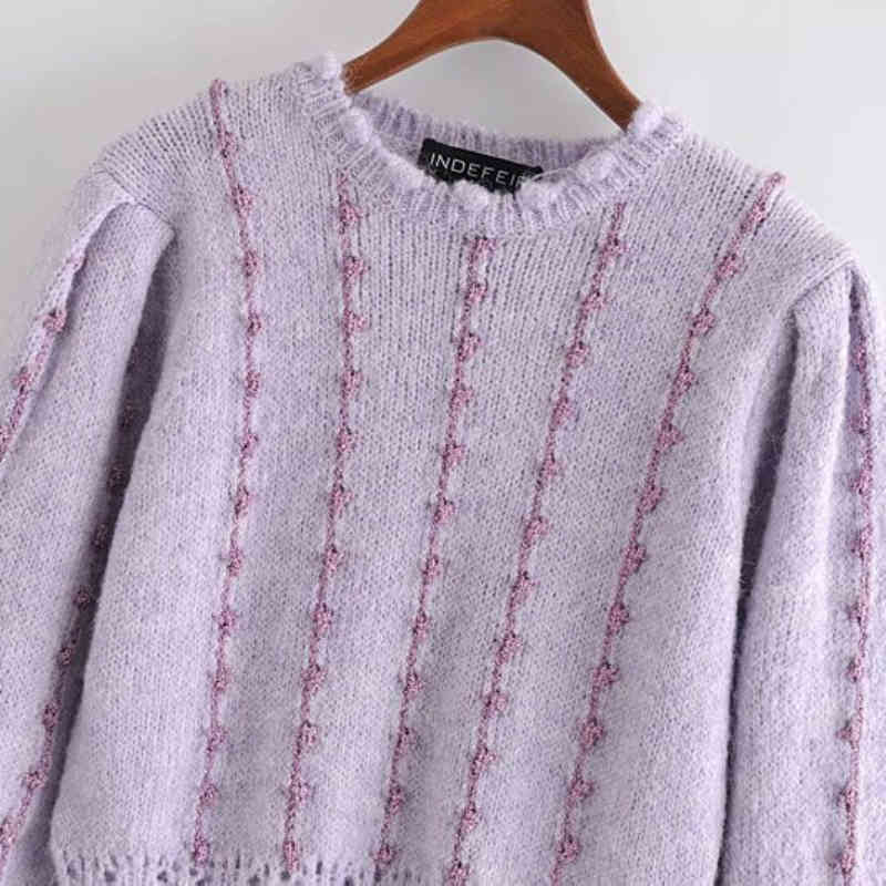 Casual Woman Purple Lace Collar Sweater Fashion Ladies Autumn Lantern Sleeve Knitted Top Female Sweet Embroidery Tops 210515