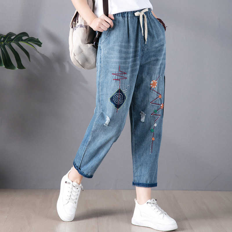 9265 Spring Summer Fashion Women Embroidery Scratches Ankle Length Jeans Office Lady Elastic Waist Blue Casual Harem Denim Pants 210922