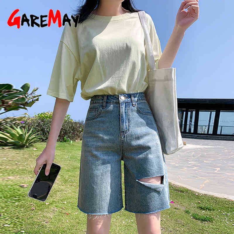 Women's Breeches Shorts Female Denim High Waist Ripped Knee Length Long Loose Vintage Summer 210428