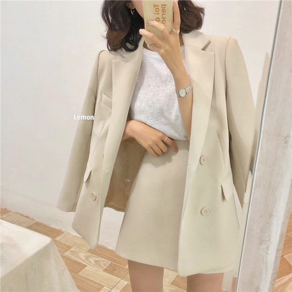 Women Blazer Skirt 2 Pieces Set OL Suit Double Breasted Oversized Jacket office suits 210510