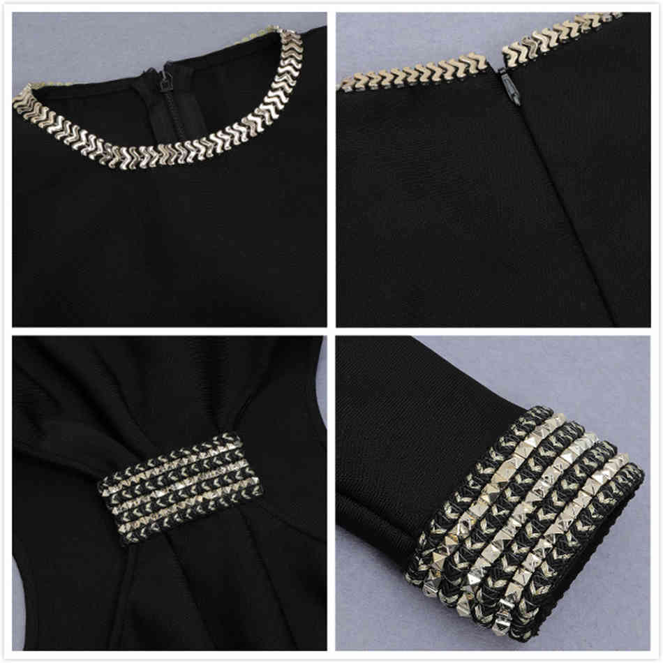 Free Women's Rivet Bandage Dress O-Neck Long Sleeve Waist Hollow Bodycon Knee Length Club Party Vestidos 210524