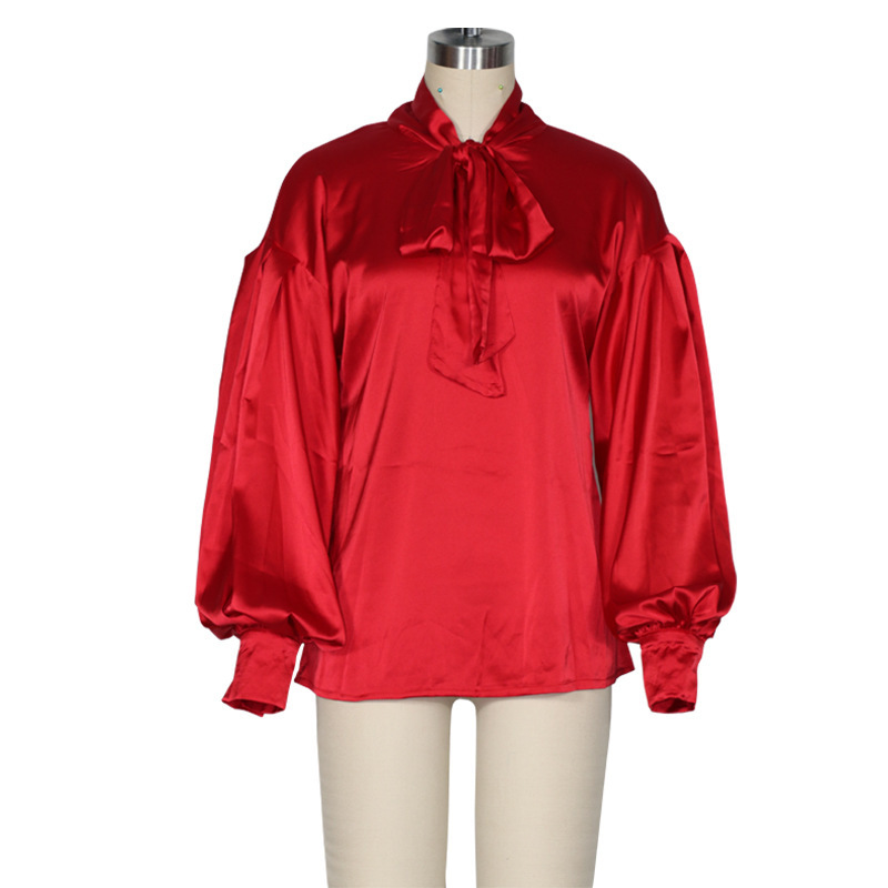 Women Blouse Puff Sleeve Bow Tie Shirts Long Vintage Ladies Tops Temperament Satin White Autumn 210513