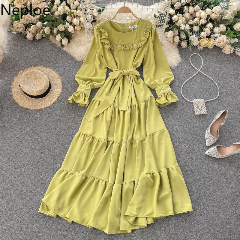Neploe Sweet Dress Women O Neck Puff Sleeve Ruffles Slim Dresses Beach Holiday Chic Bow Robe Temperament Maxi Vestidos 210422