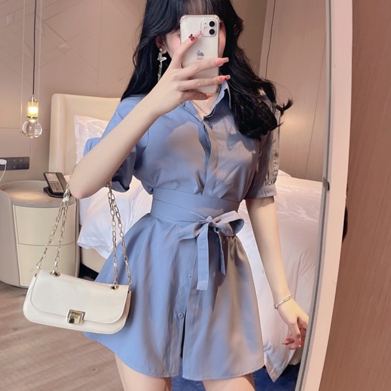 Korean Fashion Summer Two Piece Set Casual Women Short Sleeve Elegant Belt Long Shirt + Mini Shorts Suit 210518