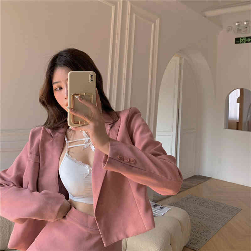 Spring Women Skirt Suits Elegant Pink Single Button Ladies Blazer Jacket & High Waist Mini Pleated Skirts Suit 210519