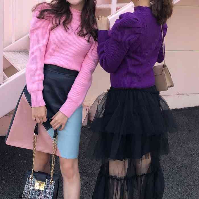 Long Puff Sleeve Sweet Sweater Women Autumn Winter Arrivals Candy Color Turtleneck Knitted Sweaters And Pullovers 210519