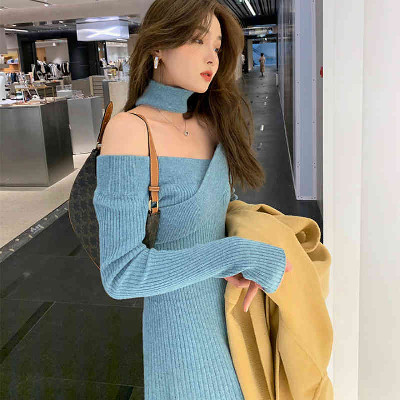 Winter Knitted Dress Korean Casual Long Sleeve Office Sweater Dress Female Solid Slim Elegant Knitted Dress Women 210521