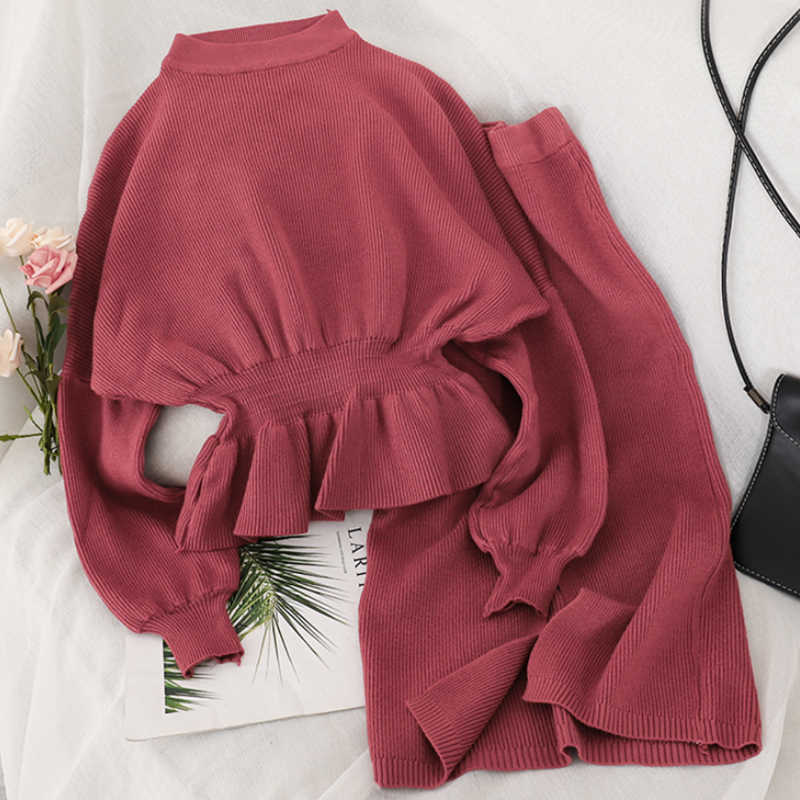 Ly Varey Lin Women Knitted Suits Autumn Winter Batwing Sleeve 2 Pieces Set Office Lady Elegant Jumper + Pencil Skirt Suit 210526