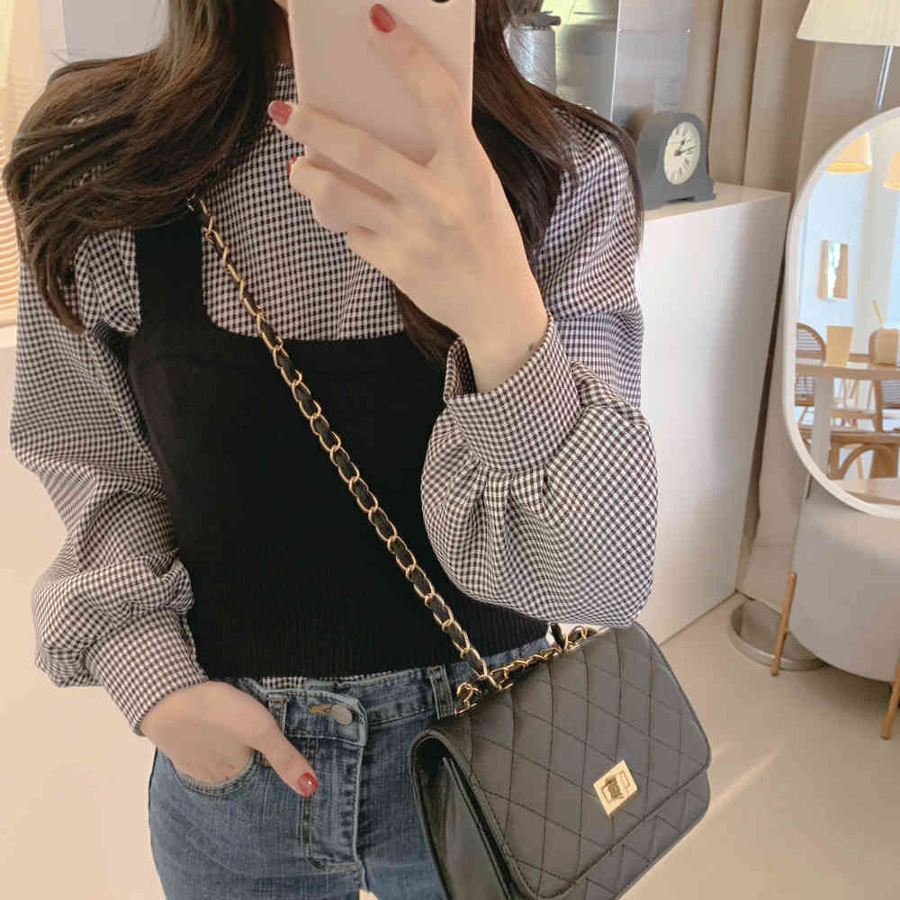 Korean Chic Two Pieces Set Women Stand Collar Plaid Shirt Blouse + Knitted Sleeveless Vest Autumn Cute Elegant Suit 210519