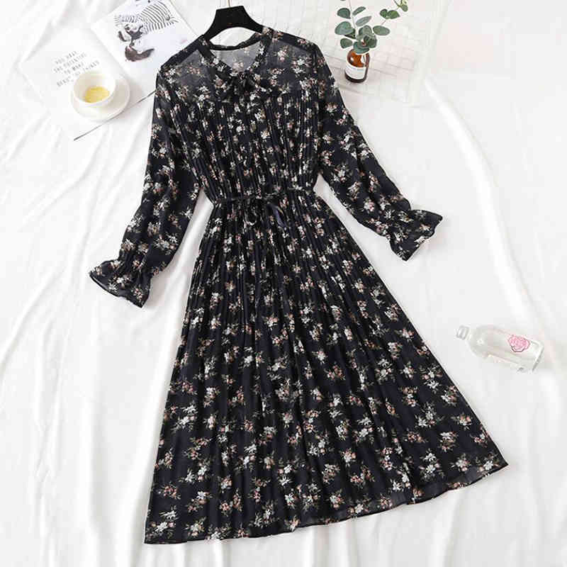 Floral Print Chiffon Dress Women Spring Summer Loose Long Sleeve Ruffles Pleated Long Dress Bow Vintage Femme Vestidos 210521