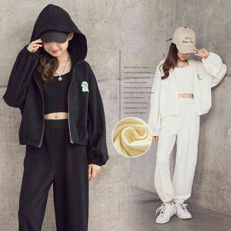 Girls Sports Sets Hooded Zipper Sweatshirt Sweatpants Three-piece Suit Spring Kids Clothes Casual School Tracksuit for Children Y220310