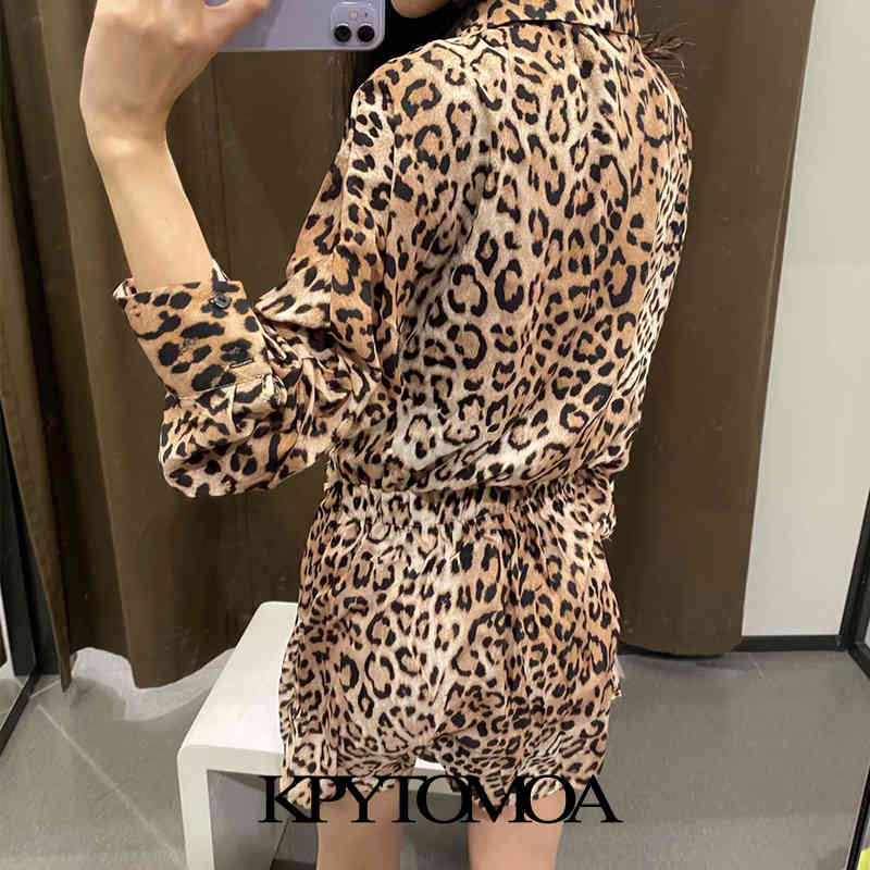 Women Sexy Fashion With Belt Leopard Print Wrap Playsuits Vintage V Neck Long Sleeve Female Jumpsuits Mujer 210416