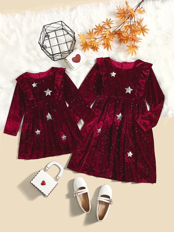 Girls 1pc Sequin Insert Star Pattern Ruffle Trim Velvet Dress SHE