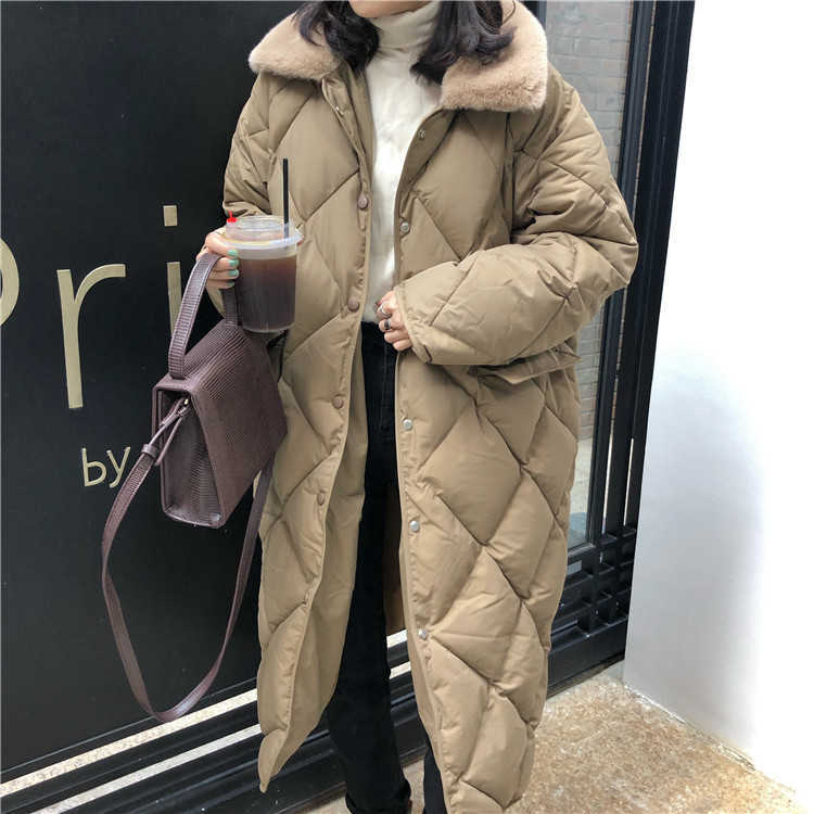 Winter Women Fur Collar Oversize Rhombus Pattern Long Parkas Pocket Female Warm Cotton Overcoat Single Breasted Outwears 211013