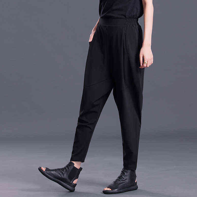 Spring Fashion Black Pleated Pockets High Waist Elastic Simple All-match Woman Harem Pants SA157 211115