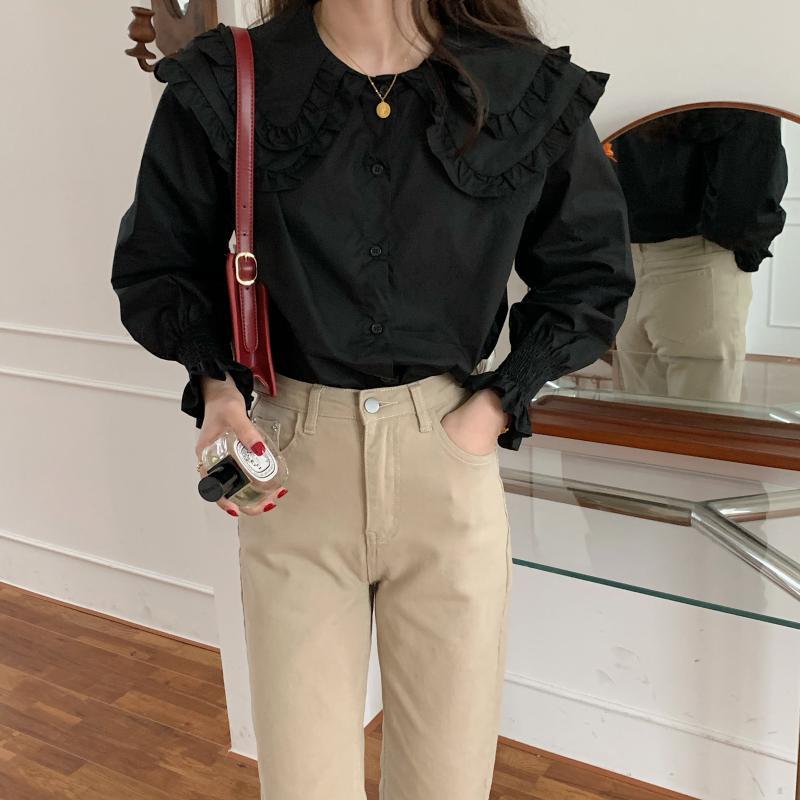 Fashion Long Sleeve White Shirt Women Peter Pan Collar Ruffles Vintage 's Shirts Casual Cotton Blouse Blusa 12392 210508