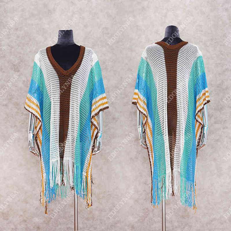 Oversize Bohemian Striped V-neck Cape Sleeve Fringed Knitted Summer Dress Beach Cover Up Women Beachwear Crochet Tunic Q900 210420