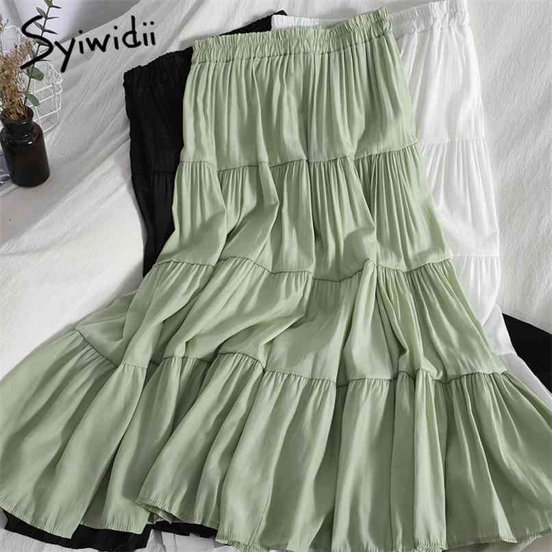 Green Elastic High Waist Skirts Women Ruffles Spliced A-Line White Black Korean Mid-Calf Clothing Summer Fashion 210607
Green Elastic High Waist Skirts Women Ruffles Spliced A-Line White Black Korean Mid-Calf Clothing Summer Fashion 210607