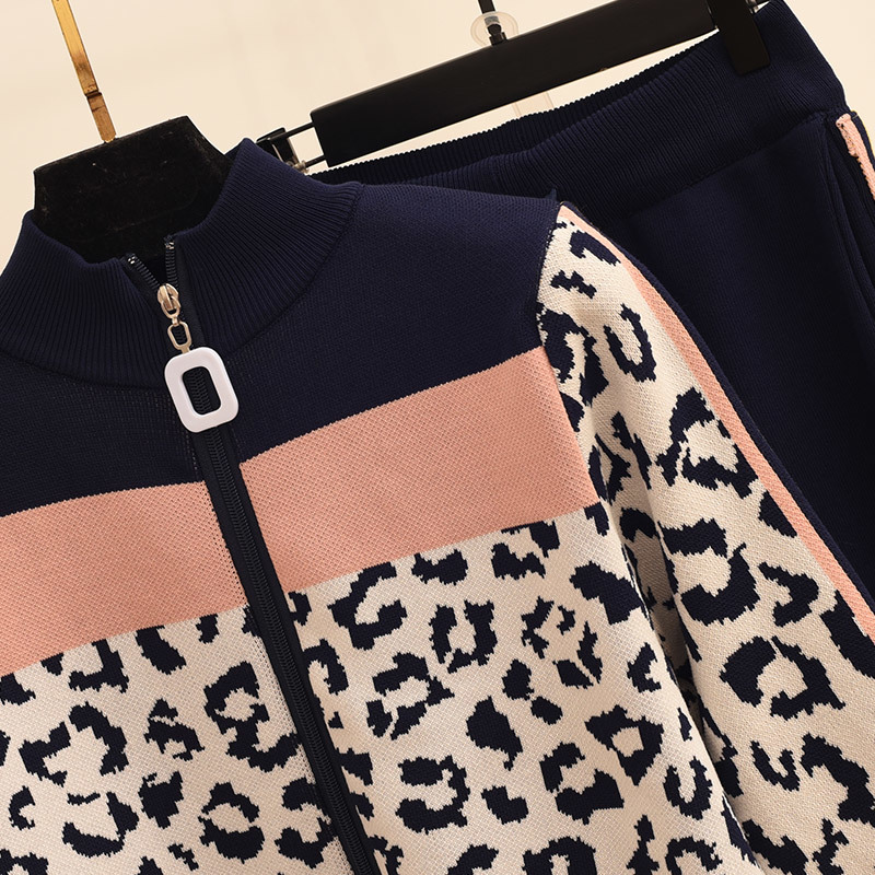 Women Leopard Print Zipper Long-sleeved Cardigans + casual Pants 2pcs Knitting Tracksuits Stretchy Sporty Jumper Trousers Suit 210519