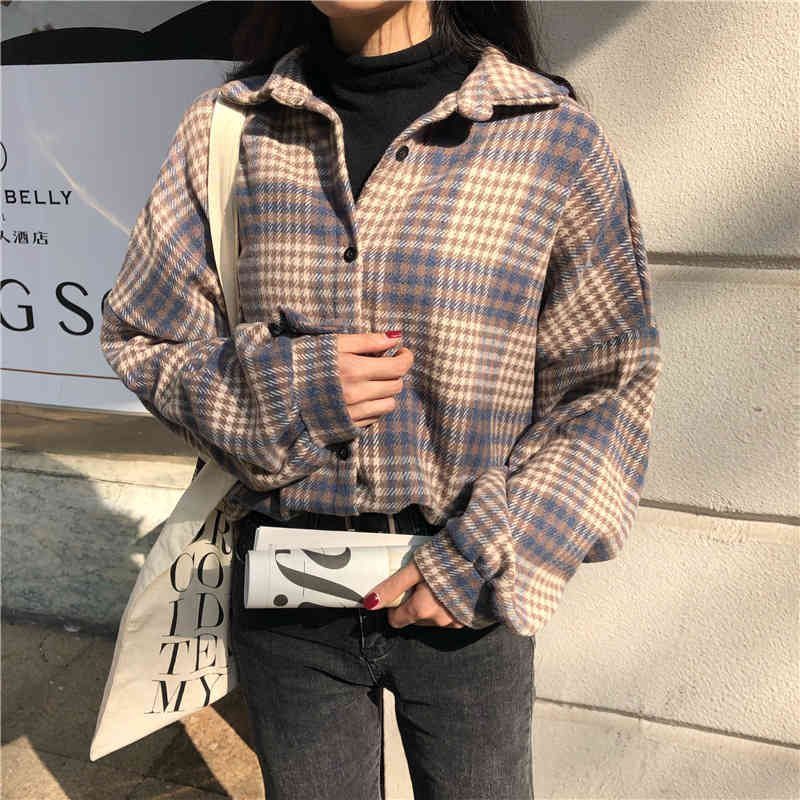 Shirt Women Jacket Loose Vintage Ladies Plaid Checked Button Up Collared Tops Spring Autumn Korean Chic Fashion New Blouses 210415