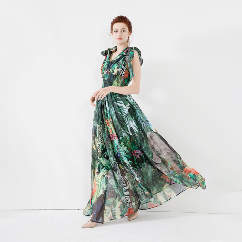 VKBN Summer Dress Women Sleeveless Bow V-Neck Fashion Leaves and Animals Printing Long Dresses for Women Elegant 210507