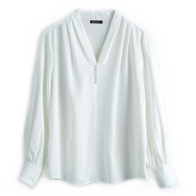 Autumn Spring Lantern Sleeve V Neck Blouse Women Office Lady Plus Size Chiffon Shirts Solid Casual Beading Clothing 12270 210508