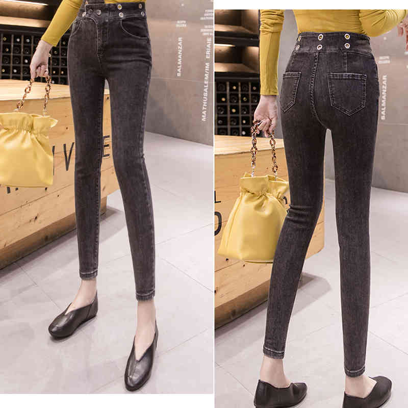 Pencil Pants Jeans Women Autumn Spring Korean Fashion Stretch High Waist Soft Skinny Embroidered Flares Ladies Trousers 8247 50 210417