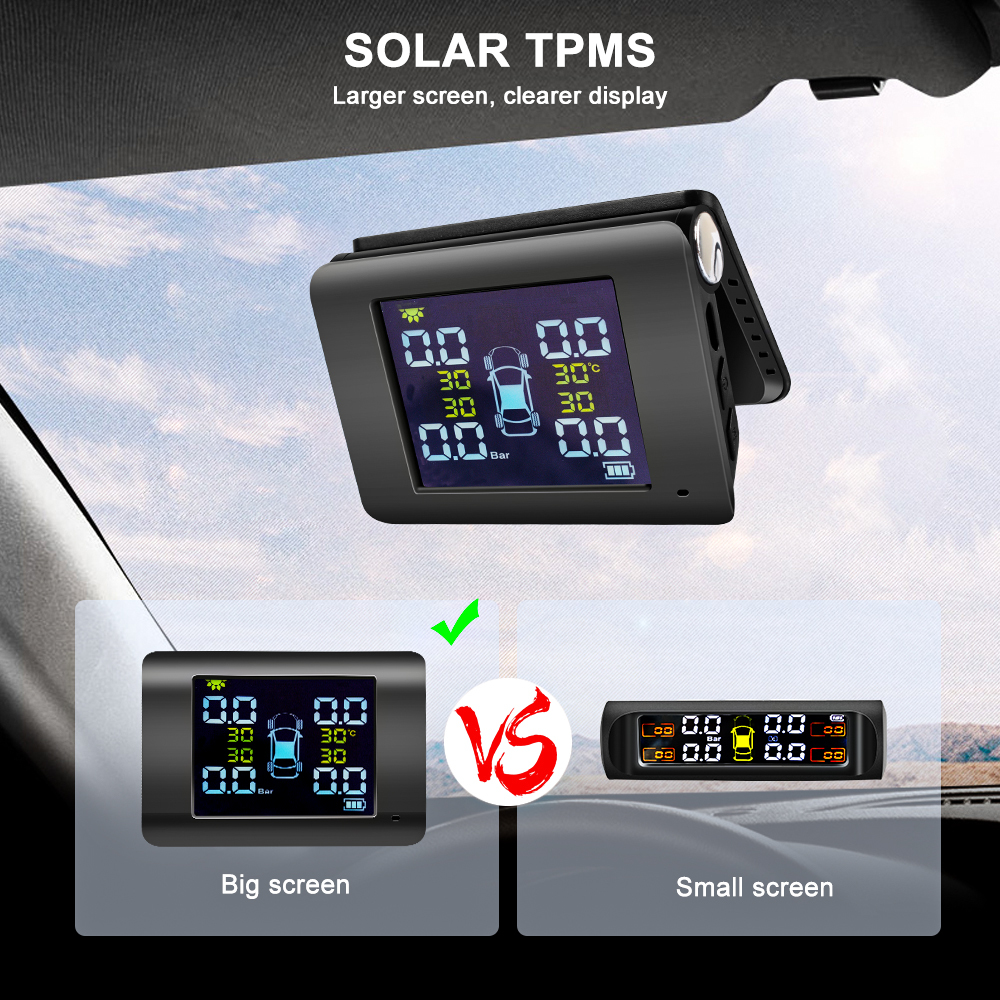 TPMS Solar Power Tyre Monitoring with LCD Real-time Display Car Tire Pressure Auto 4 Sensors Alarm System