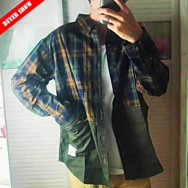 Spring Summer Men Patch Work Plaid Shirt Pure Cotton Long Sleeve Button Up Vintage Green Fashion Trend GML04-Z136 210809 Free shippin