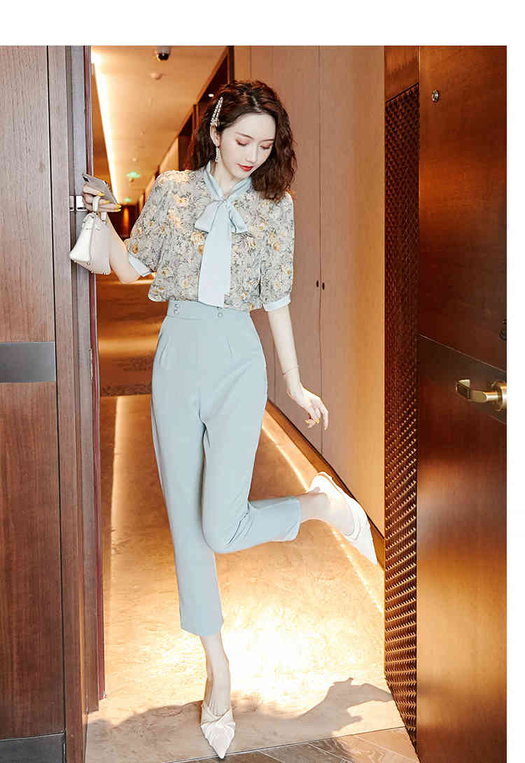 Women Summer Sweet Flowers Print Chiffon Bow Tie Shirt Top + High Waist Long Trousers Female 2 Piece Set Office OL Outfits 210518