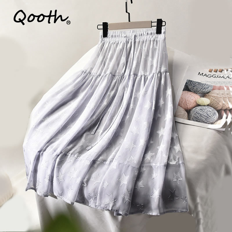 Qooth Women Summer Casual Skirt Elastic Waist Big Hem Solid Jacquard Star Chiffon Ankle Length Skirts With Lining QT057 210518, White 
Qooth Women Summer Casual Skirt Elastic Waist Big Hem Solid Jacquard Star Chiffon Ankle Length Skirts With Lining QT057 210518, White
