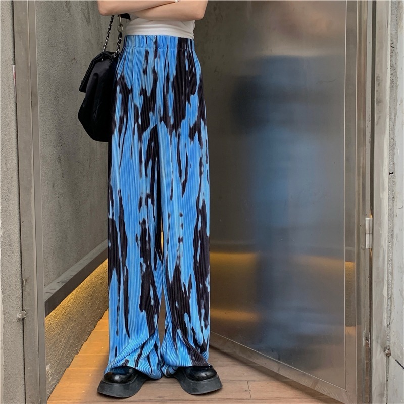 Pants & Capris Thin Summer Blue High Waist Tie-dye Wide-leg Women Casual Straight Loose Mopping Trousers Street Retro 210429