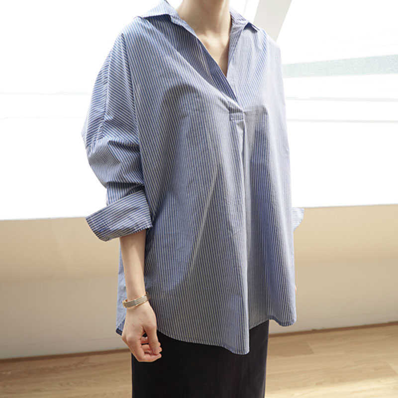 Stripe Long Sleeve Shirt Women's Korean Loose V-neck Back Button Down Pullover Plus Size Women s 210615
