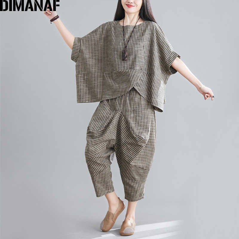 DIMANAF Plus Size Women Two Piece Set Suit Casual Vintage Lady Tops Shirts Batwing Sleeve Loose Pants Cotton Striped Summer 210707