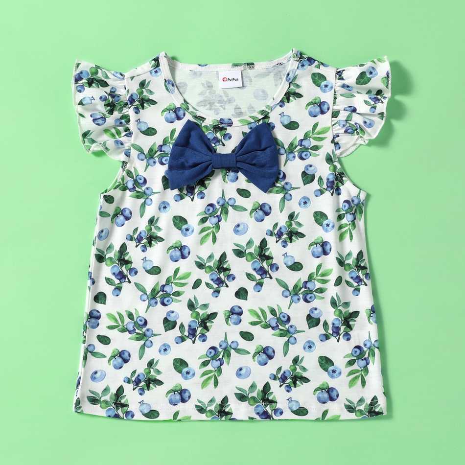 Stylish Blueberry Leaves Print Bowknot Top And Shorts 210528