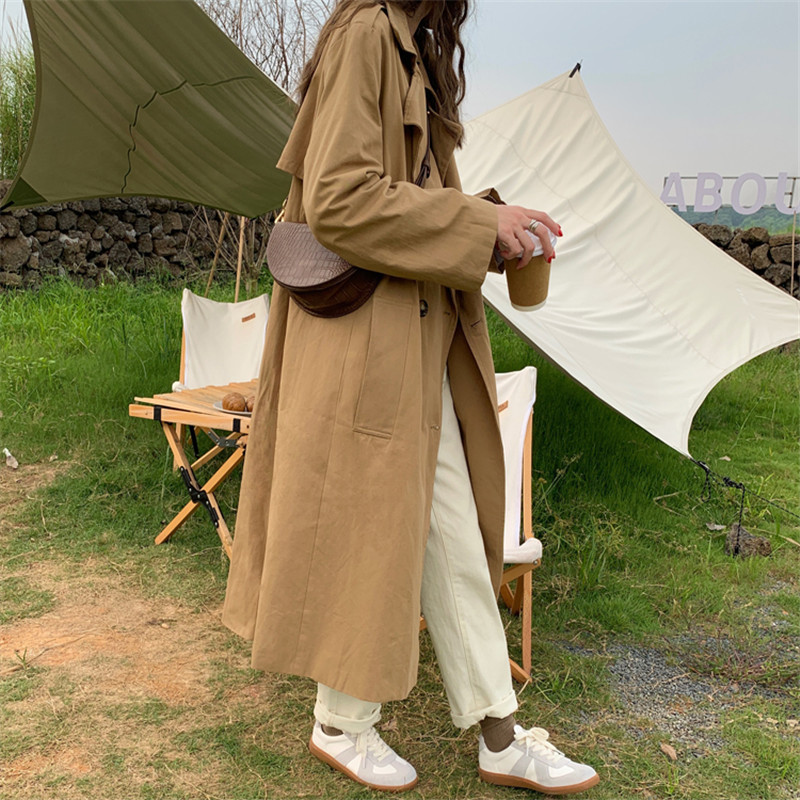 Minimalist Suit Collar Double Breasted Long Trench Coat Women Elegant OL Overcoat Autumn Work Khaki Windbreaker 210421