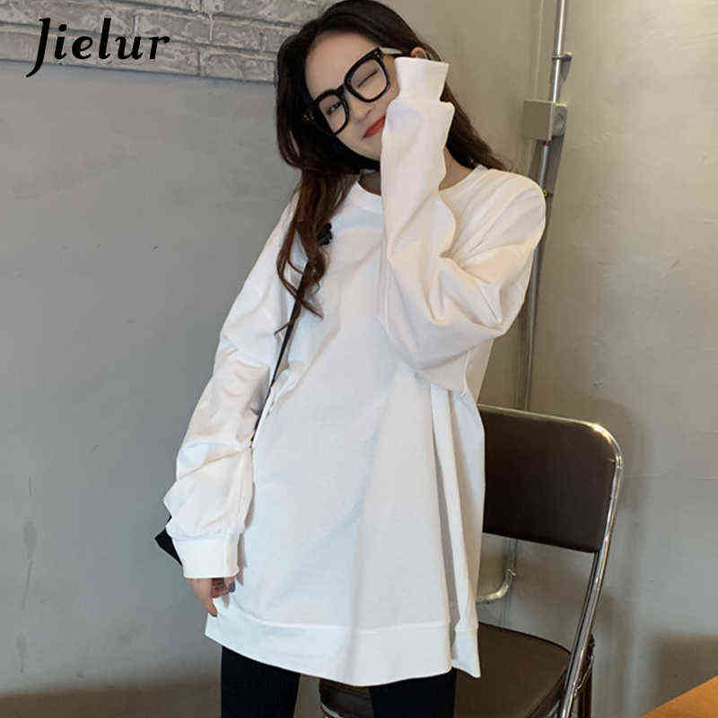 Jielur Harajuku BF Solid Color Women Sweatshirt Loose Casual Green Black White Girls Hoodies O-neck M-XXL Pullovers Female 211109