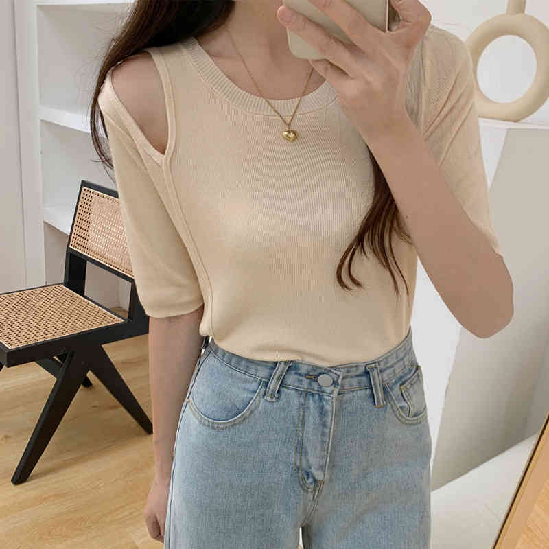 Shoulder Open Hollow Knitted T Shirt Women Summer Short Sleeve O-neck Tops Tees Korean Fashion Solid Female T-shirt Femme 210514