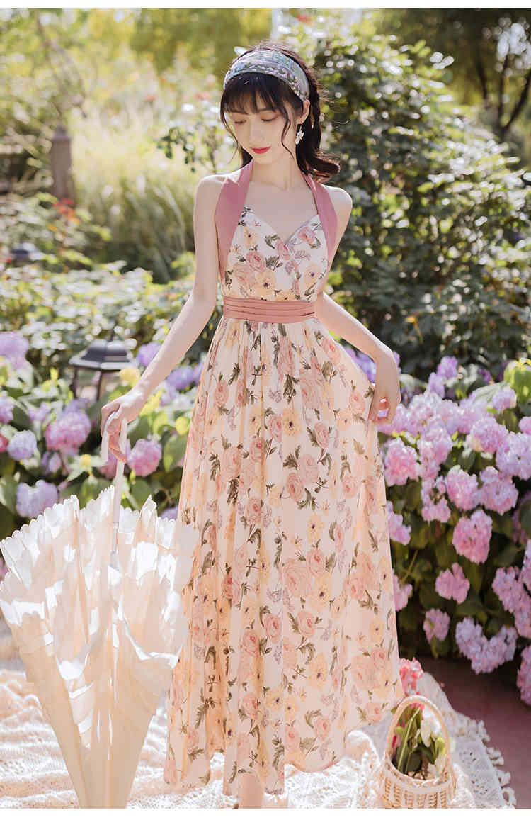 Summer Sweet Flower Print Chiffon Party Dress Women Sexy Halter High Waist Slim Big Swing Beach Long Vestidos 210519
